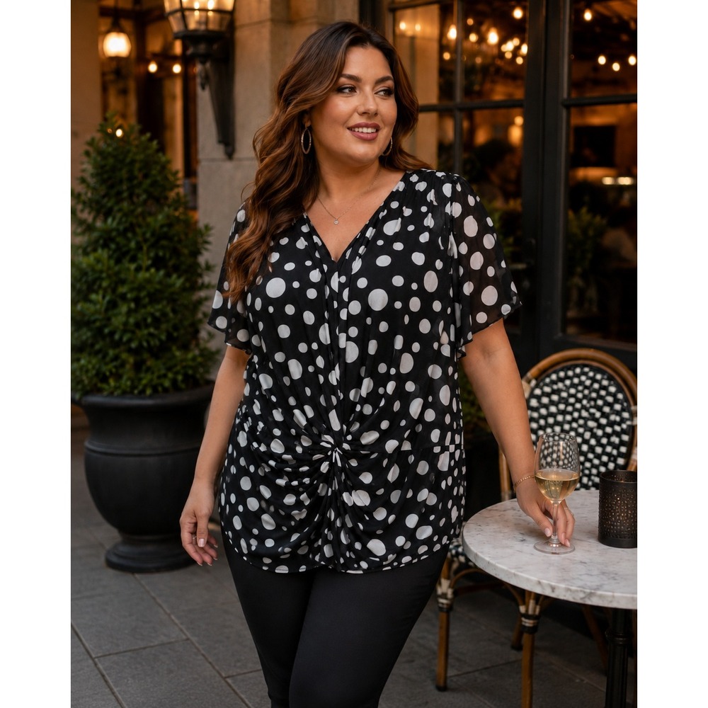 501. Isaac Mizrahi  Women 4X Polka Dot Twist Front Peplum Blouse Black White